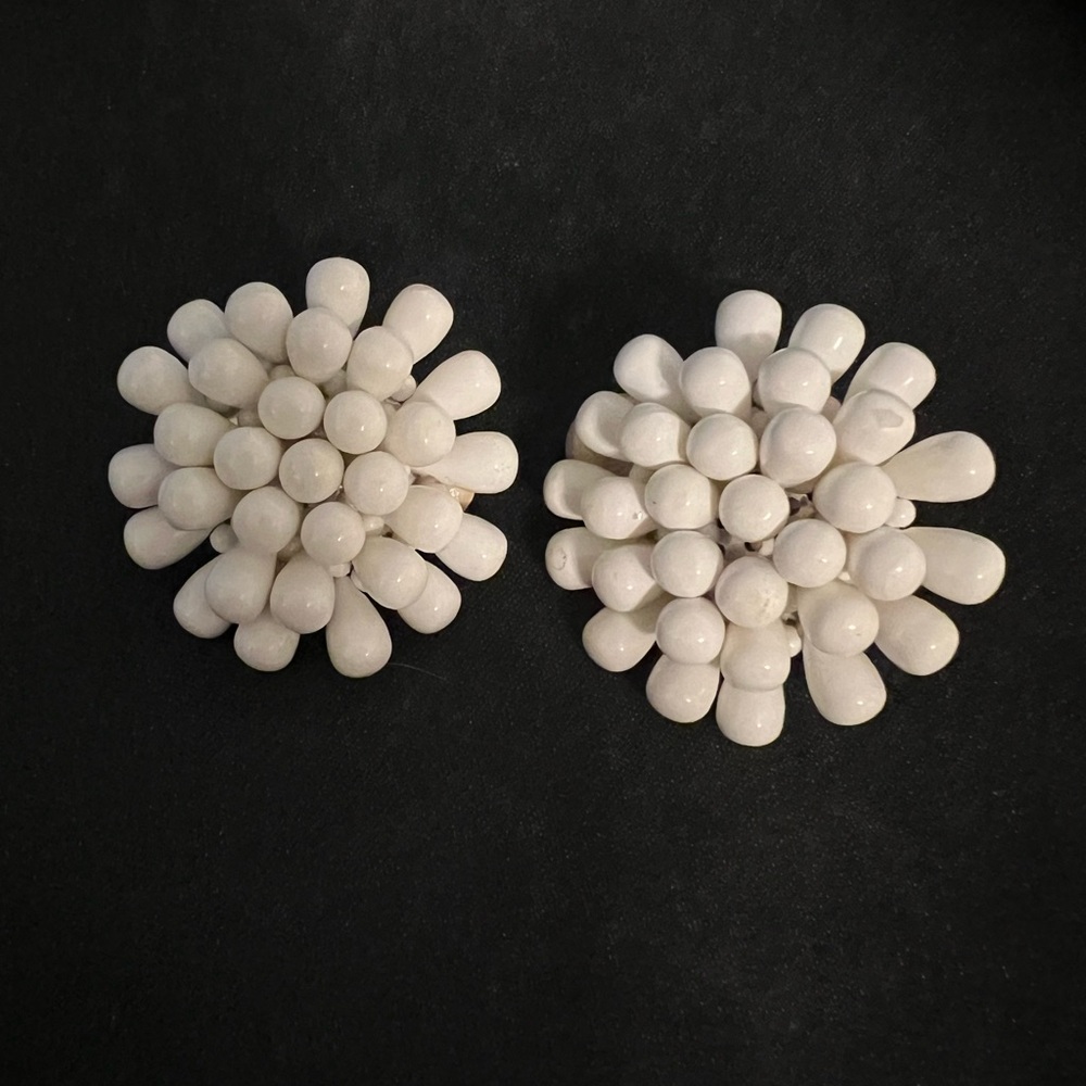White Beaded Vintage Cluster Clip Earrings